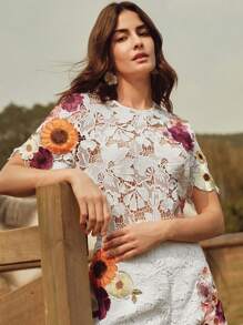 Anewsta 女士优雅圆领刺绣蕾丝镂空花卉装饰钩针上衣，T 恤罩衫，适合海滩、节日、假日、休闲、度假、夏季 - 白色 - 查看 5