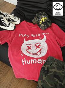 SHEIN EZwear Women's & Men's Summer Rave Couple Costumes Western Wear Y2K Rapper Streetwear Devil Graphics Dirty 100% Cotton Washed Over Size T-Shirt - Burgundy - View 6