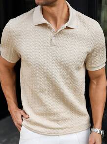 Manfinity Bizformal Men's Apricot Striped Heart Textured Fabric Casual Polo Shirt, Polo Shirts For Men Button Up , Polo T Shirt Men , Polos For Men - Apricot - View 3