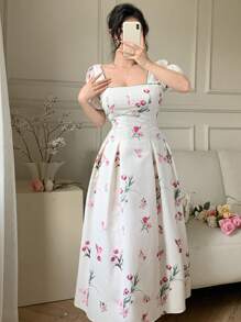 Feyla Women's Elegant Floral Allover Print Puff Sleeve Dress