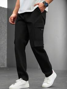 Manfinity Homme 男士字母印花工装口袋直筒休闲裤，秋季 - 黑色 - 查看 1