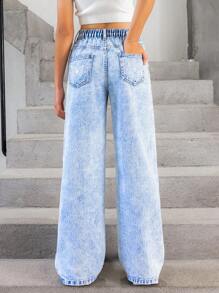 SHEIN Tween Girls Y2K Style Vintage Washed Casual All-Match Versatile Sweet Bow & Graffiti Print Elements Simple Fashion Loose Straight Leg Everyday Denim Jeans, School, Campus, College Summer Holiday - Light Wash - View 2