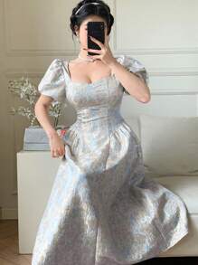 DAZY 女士提花甜心领优雅时尚泡泡下摆迷你连衣裙 女士休闲连衣裙 生日装 女士夏季服装 女士服装 花卉图案 - 藍色 - 查看 3