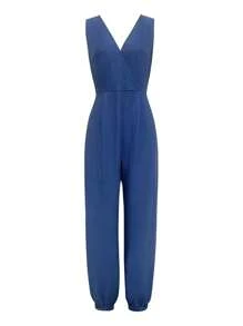 SHEIN LUNE 女士无袖牛仔效果连身裤 - 藍色 - 查看 3