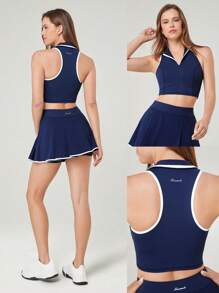 GLOWMODE Endorphin Flow Quick-Dry Polo Collar Contrast Color Top Low Impact Tennis Golf Pickleball Daily Wear Removable Cups - Dark Blue - View 7