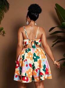 Maweii Plus Size Women's Elegant Multi-Color Printed Halter V-Neck Waist Hollow Out Backless Ruffle Wide Leg Jumpsuit, Vacation Style, Spring/Summer