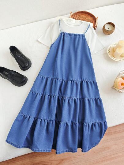 TWEEN GIRL 休闲度假 BOHO 都市休闲度假连衣裙，圆领，系带。后背纽扣式泪珠开合，带弹性细节。分层细节。