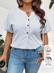 SHEIN LUNE Plus Size Women's Blue And White Striped Half-Open Collar Shirt,Minimalist Fashionable Smart Casual Office Top,Summer Western Wear Easter Spring - Multicolor - View 1