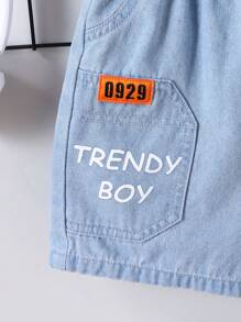 Summer,Holiday,TravelerYoung Boy's Casual Letter Print Denim Shorts, Summer - Blue - View 3