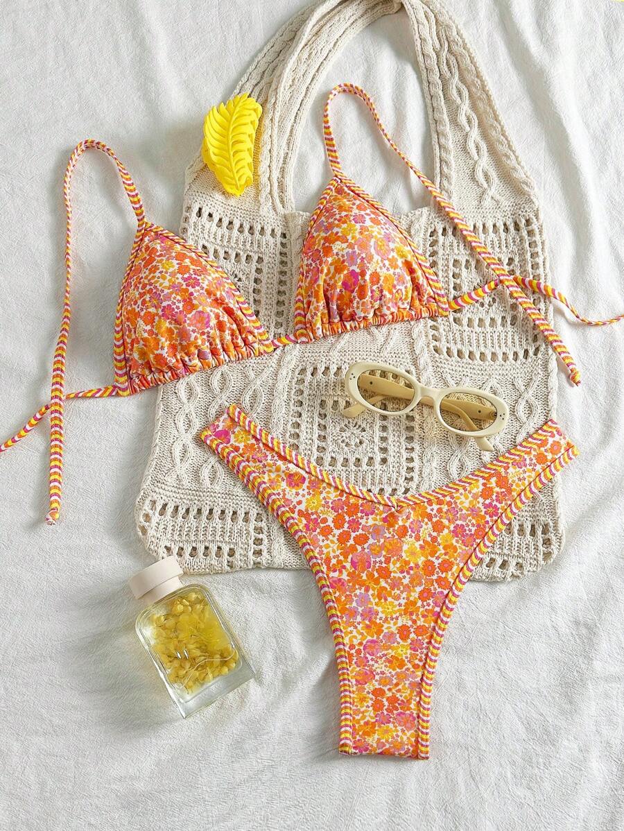 SHEIN Women Random Print Halter Spaghetti Strap Camisole And High Cut Bikini Set, Beach Vacation Outfits For Summer - Multicolor - View 1