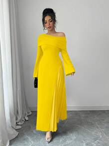 Elenzga 女士优雅时尚通勤迷人派对不对称荷叶边下摆纯色长袖裹身黄色长裙