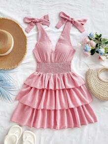 Soleia Women's Vacation Romantic Pink Bubble Wrinkled Fabric V-Neck Tie Shoulder Bow Cinched Waist 3-Layer Ruffle Hem Mini Dress, For Party, Date, Afternoon Tea - Pink - View 7