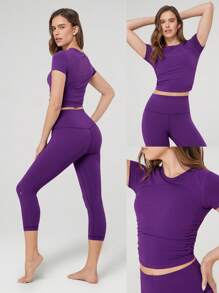 GLOWMODE Áo thun tay ngắn xếp ly có dây rút FeatherFit™ Focus hỗ trợ nhẹ cho phòng tập yoga tác động thấp - Màu tím  Violet - Xem 7