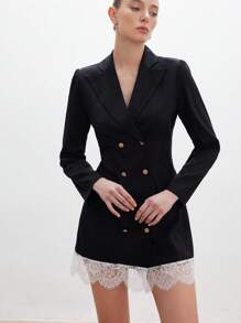 Aveloria Modichic Abito da festa da donna, a maniche lunghe, con collo, in pizzo di lusso, con design a patchwork in vita, ideale per le vacanze