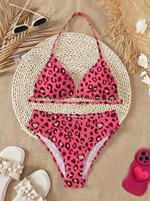 SHEIN Set da adolescenti di costume da bagno estivo composto da canotta e pantaloncini con stampe alla moda di farfalle, ciliegie e leopardo