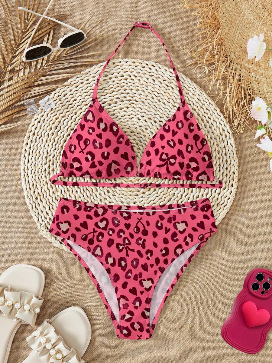 SHEIN Set da adolescenti di costume da bagno estivo composto da canotta e pantaloncini con stampe alla moda di farfalle, ciliegie e leopardo