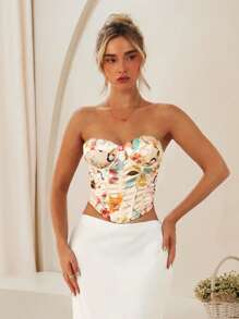 Glamine Sexy Retro Colorblock Floral Print Underwire Cotton Bustier Top For Women - Multicolor - View 7