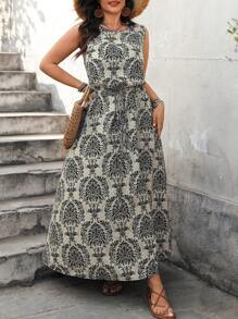 Breezaya 大码女式无袖圆领抽绳黑色和杏色连衣裙、凉爽连衣裙、缓解压力的服装、晚礼服、优雅时尚女士休闲装、女士夏季服装、圣帕特里克节、狂欢服装、节日、春假服装、圣帕特里克、波西米亚风 - 彩色 - 查看 5