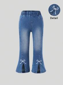 Young Girl Cute Casual Bow Embroidered Elastic Waist Washed Blue Flared Jeans,Holiday,Summer,Travel - Medium Wash - View 5