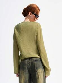 LYSMO 女式简约垂褶领口 T 恤，带开衩设计 - 綠色 - 查看 2