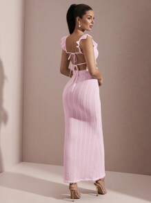 SHEIN BAE Sexy White Hollow Out Crochet Texture Ruffle Hem Backless Tie Up Long Mermaid Dress, Elegant Summer - Coral Pink - View 2