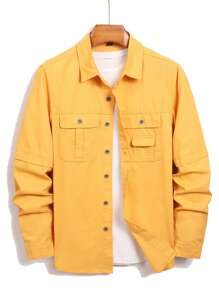 Manfinity Hypemode Men's Casual Yellow Denim Shirt With Long Sleeves Chest Pockets And A Shirt Collar