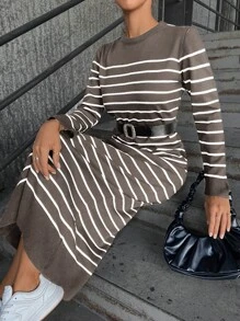 RueChic Striped Long Sleeve Round Neck Sweater Dress - Grey - View 6