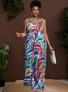 Slaydiva Plus Size Women's Tropical Print Loose Jumpsuit With Spaghetti Straps And Wide Legs - Multicolor - View 8