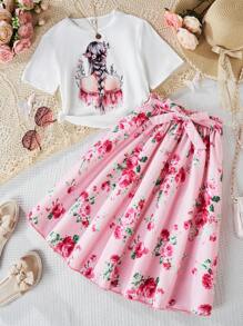 两件套少女休闲套装 - 圆领短袖长发女孩印花T恤和粉色玫瑰印花半身裙，夏季 - 粉色 - 查看 7
