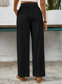 EMERY ROSE Vacation Casual Solid Color Loose Straight Leg Pants Fall Cloth For Women - Black - View 2