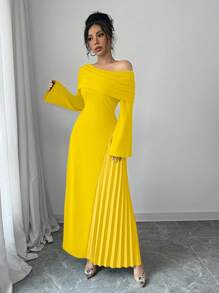 Elenzga 女士优雅时尚通勤迷人派对不对称荷叶边下摆纯色长袖裹身黄色长裙