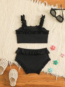 2pcs/Set Little Girls Adorable Pink Swimsuit Set, Bowknot, Ruffle Straps & Trim, Tankini & Bottoms - Black - View 2