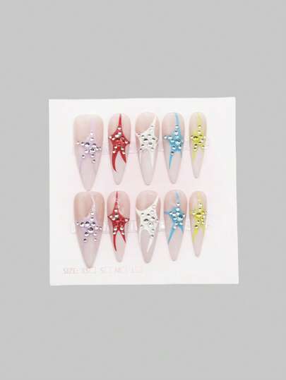 Grunge Punk 10 pièces Ongles à clipser de style punk avec design d'étoile + 3 pièces d'adhésif double-face, autocollants de Nail Art haut de gamme décorés de strass colorés Y2K, amovibles et réutilisables, convenant pour les festivals, fêtes, sorties et port quotidien