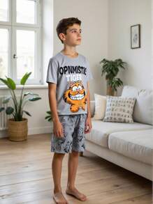 2 件青少年男孩灰色背景虎纹印花短袖 T 恤和短裤休闲家居服套装 - 灰色 - 查看 8