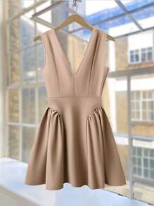 Chiquease Women's Casual Vacation Deep V-Neck Bow Decor Ruched A-Line Short Dress