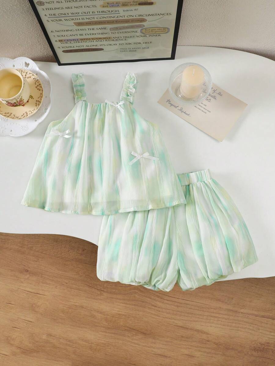 SHEIN 2件套女童夏季蝴蝶结装饰上衣和短裤套装 - 藍白色 - 查看 1