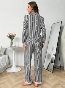 Striped Heart Collar Long Sleeve Pajama Set With Long Pants, Fall Winter Clothes Cozy And Elegant Details - Multicolor - View 2