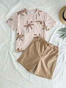 Vintaside Kids 2pcs Big Kid Summer Set: Round Neck Short Sleeve Embroidered Fashionable & Cool Versatile T-Shirt Paired With Solid Color Versatile Casual Shorts, Suitable For Friends Gathering, Family Dining Or Shopping - Apricot - View 1