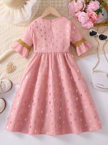 Girls' Noble V-Neck Black & Gold Foil Polka Dot Lace Puff Sleeve Cinched Waist Dress, Everyday Sibling Matching Outfits (3 Pieces Sold Separately) - Pink - View 2