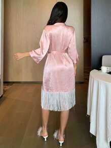 DAZY Women's Loose Fit Textured Satin Short Sleeve Robe With Fringe Hem Pajama - Pink - View 2