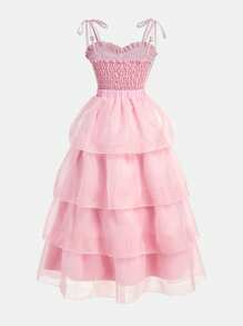 Vestido de 2 en 1 para adolescentes para la temporada de Eid/Boda, vestido corto lindo con decoración de lazo de encaje y tul sin mangas, con vestido largo con volantes desmontable, estilo elegante - Rosa - Ver 2