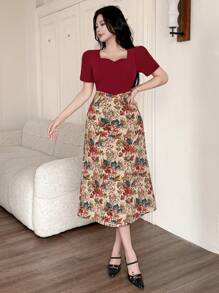 DAZY Color Block Square Collar Women's Long Dress Elegant Sundress - Red - View 3