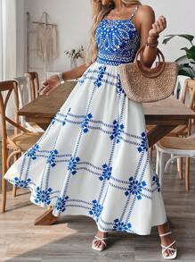 SHEIN Clasi Women's Elegant Vacation Style Blue & White Geometric Print Spaghetti Strap Waist-Cinching Maxi Dress