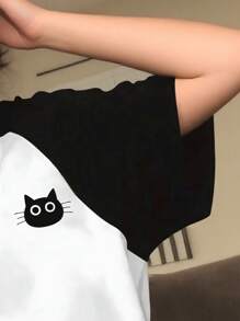 SHEIN Teen Girls Casual Versatile Cat Pattern Black & White Raglan Sleeve Short Sleeve T-Shirt Summer Holiday