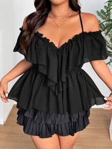 SHEIN Clasi Plus Size Women Solid Color Ruffle Off Shoulder Fashion Blouse - Black - View 7