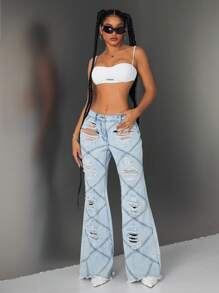 Flirla Women's Casual Extra Long Distressed Denim Jeans With Diamond Stitch Detail And Ripped Design - Blue - View 6