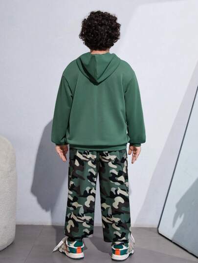 SHEIN Tween Boys Extended Size Loose Hoodie Camouflage Sweatpants 2pcs/Set