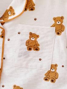 Dozemod Tween Girls Cute Cartoon Bear Pattern Lapel Button Short Sleeve & Loose Weave Pants 2 Pieces Pajama Set - White - View 4