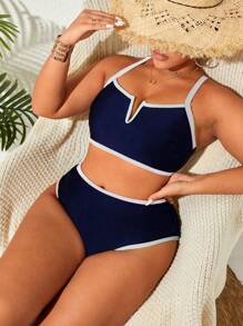 SHEIN Swim Curve Plus Size Women Cami Split Casual Swimming Suit Set For Summer Beach Vacation - Navy Blue - View 5