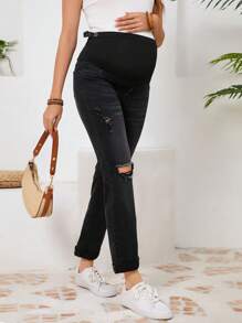 SHEIN Jeans in denim con gamba affusolata e effetto vissuto per gravidanza, casual